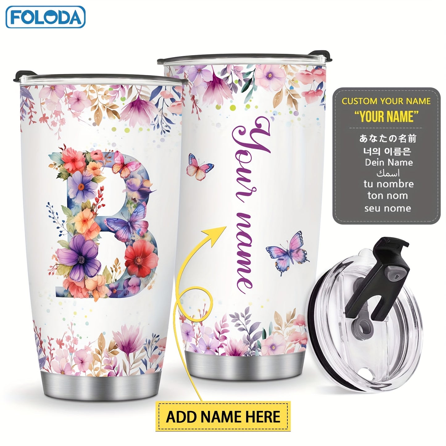 Foloda 1pc Personalized Flower Initials Tumbler Christmas Gift 20oz Mug with Letter Flower Butterfly, Travel Cup for Wedding Birthday Graduation Party, Birthday Valentine's Day Mother's Day Gifts Stainless Steel Mug with Lid