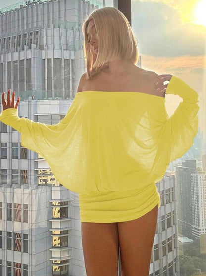 Women'S Sexy Off-the-Shoulder Long Sleeve Mini Dress - Solid Color Sheer Panel Party Clubwear, European & American Inspired Pleated Bandeau Dress for Spring/Autumn, Casual to Night Outfits, 2025 New Arrival (Sexy Off-Shoulder