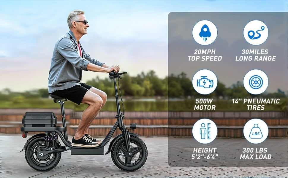 Peak Power 740W Adult Electric Scooter with Seat, 48V10/15AH Lithium Battery, 10 Shock Absorption, 14-Inch Tubeless Protective Tires, Dual Disc Brakes