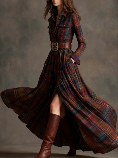 Women'S Autumn-Winter French Retro Elegant Literary Plaid Lapel Maxi Dress | Long Sleeve, Button Details, Vintage Style