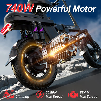 UPlee Peak Power 740W Electric Bike For Adults, 20MPH Full Shock Absorption Comfortable Riding, 48V6/8/10/15/17.5Ah, Max 32Miles Folding Ebike, 14'' Tubeless Off-road Tire, City Commuter