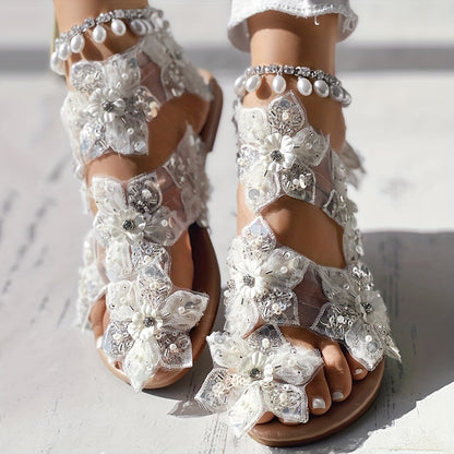 Adorable Summer Flip Flops Featuring Pearl Flower Sequins And Rhinestones - Anklet Sold Separately.