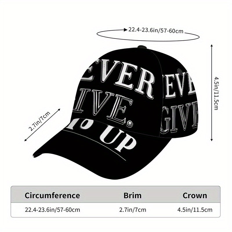 1pc 2D Never Give Up Words Print Baseball Cap - Full-Body Vibrant Polyester Hat, Adjustable Snapback for Running, Sports & Casual Streetwear., Running Hat, Outdoor Headwear, Trendy Streetwear, Lightweight Hat, Durable Fabric,