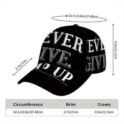 1pc 2D Never Give Up Words Print Baseball Cap - Full-Body Vibrant Polyester Hat, Adjustable Snapback for Running, Sports & Casual Streetwear., Running Hat, Outdoor Headwear, Trendy Streetwear, Lightweight Hat, Durable Fabric,