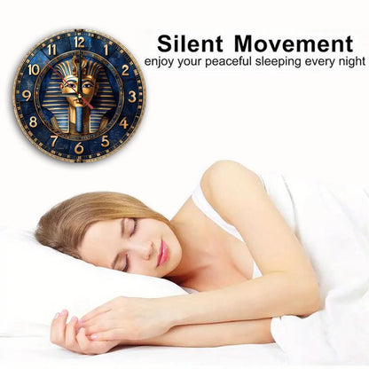 Egyptian-Themed Silent Wooden Wall Clock, 9.8" Round - Farmhouse Style Decor for Kitchen, Bedroom, Office | Easy to Read, No Ticking Sound | Battery Not Included, Round Hanging Clock