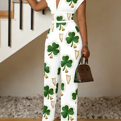 St. Patrick's Day Printed Women's Elegant Jumpsuit, Plant Leaf Pattern V-neck Jumpsuit, Women's Gift, Summer Casual Wear, Fashionable Outdoor S Women's Short Sleeved Jumpsuit, Gradient Slim Fit Jumpsuit, Machine Washable, Sof