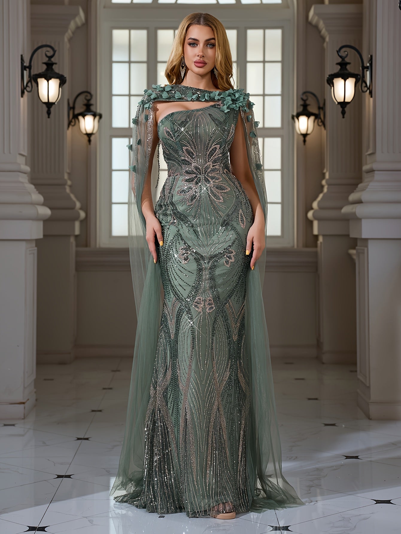 Elegant Sequined Beaded Embroidered Lace - Bodycon Mermaid Dress - with 3D Flower Applique | Crew Neck - Extra-long Train - Suitable for Parties, Weddings, and Banquets
