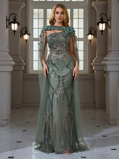 Elegant Sequined Beaded Embroidered Lace - Bodycon Mermaid Dress - with 3D Flower Applique | Crew Neck - Extra-long Train - Suitable for Parties, Weddings, and Banquets