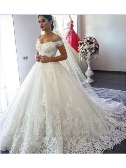 Sweep Train Wedding Dress | New White, Off the Shoulder, Fit and Flare, Elegant Style, Contrast Lace Detail, Perfect for Adult, Covering Belly for Pregnant Women