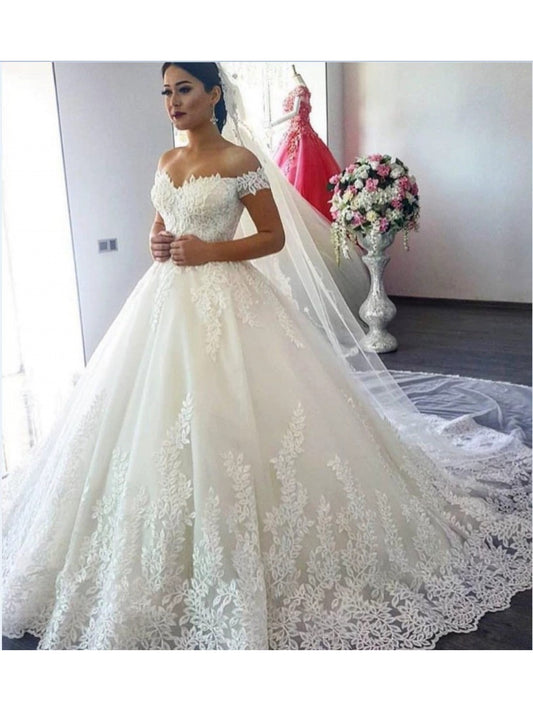Sweep Train Wedding Dress | New White, Off the Shoulder, Fit and Flare, Elegant Style, Contrast Lace Detail, Perfect for Adult, Covering Belly for Pregnant Women