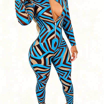 Elegant Comfortable Sexy Slim Jumpsuit | Animal Print Stripes, Front Zipper, Casual Office Party Outfits, Year-Round Versatile Wear for Any Season