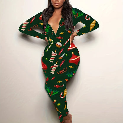 Women'S Christmas Print Lounge Jumpsuit - Sexy Long Sleeve V-Neck Button Front Sleepwear, Vibrant Holiday Design, Lightweight Summer Loungewear for Adults, Christmas Pajamas, Festive Loungewear, Playful Design, Comfortable Fi