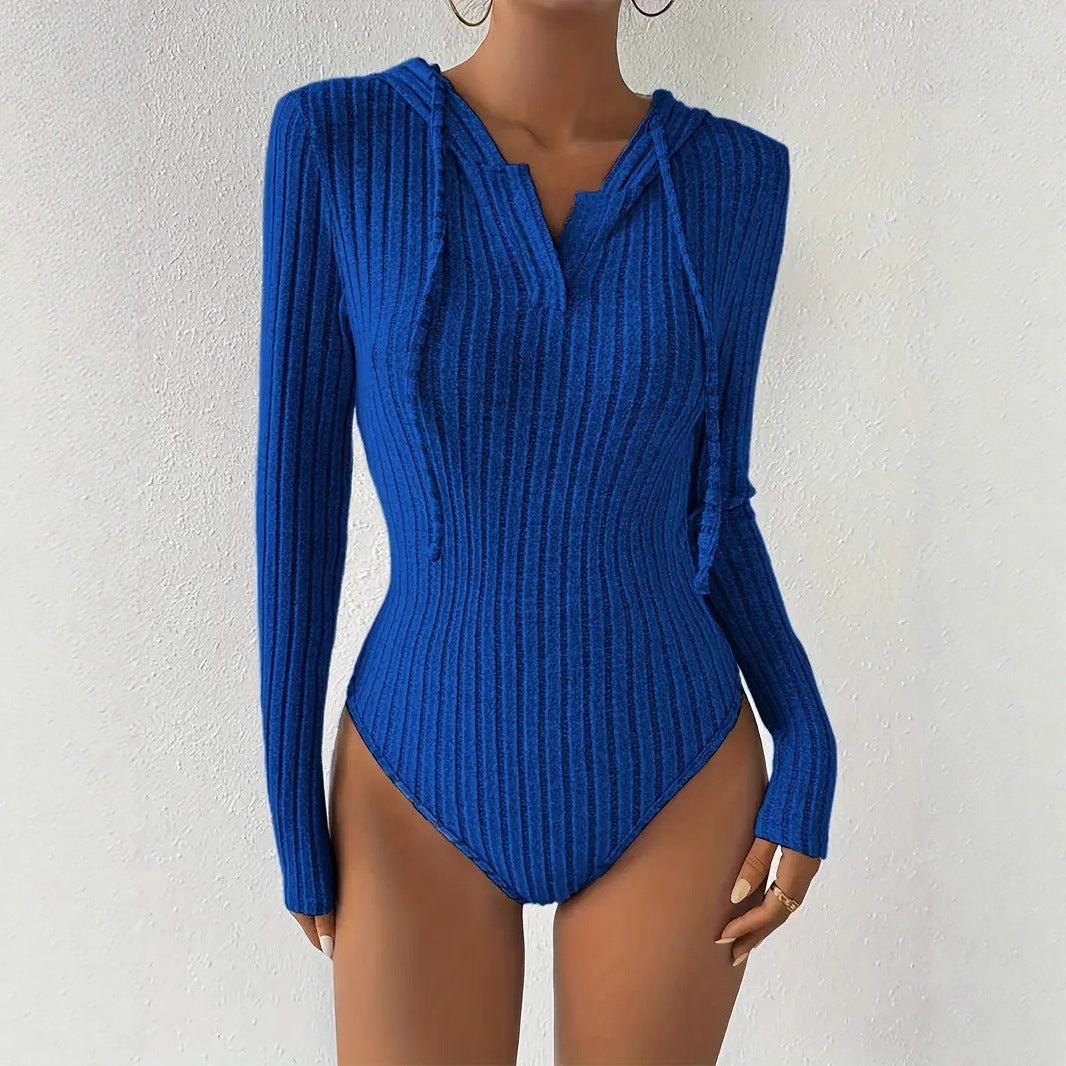 Women's Jumpsuit, V-neck Hooded Jumpsuit for Women, High-slit Bikini-style Slim-fit Loungewear, Brushed Ribbed Hooded Solid Color Jumpsuit and Romper