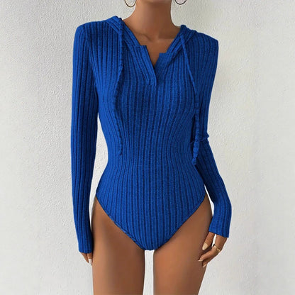 Women's Jumpsuit, V-neck Hooded Jumpsuit for Women, High-slit Bikini-style Slim-fit Loungewear, Brushed Ribbed Hooded Solid Color Jumpsuit and Romper