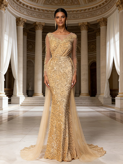 Women'S Multi-Color Sequin Mermaid Formal Gown | Long Sleeve Illusion Top Cape Train Evening Dress, Perfect for Prom, Gala Nights, Wedding Guest Events & Luxury Occasions