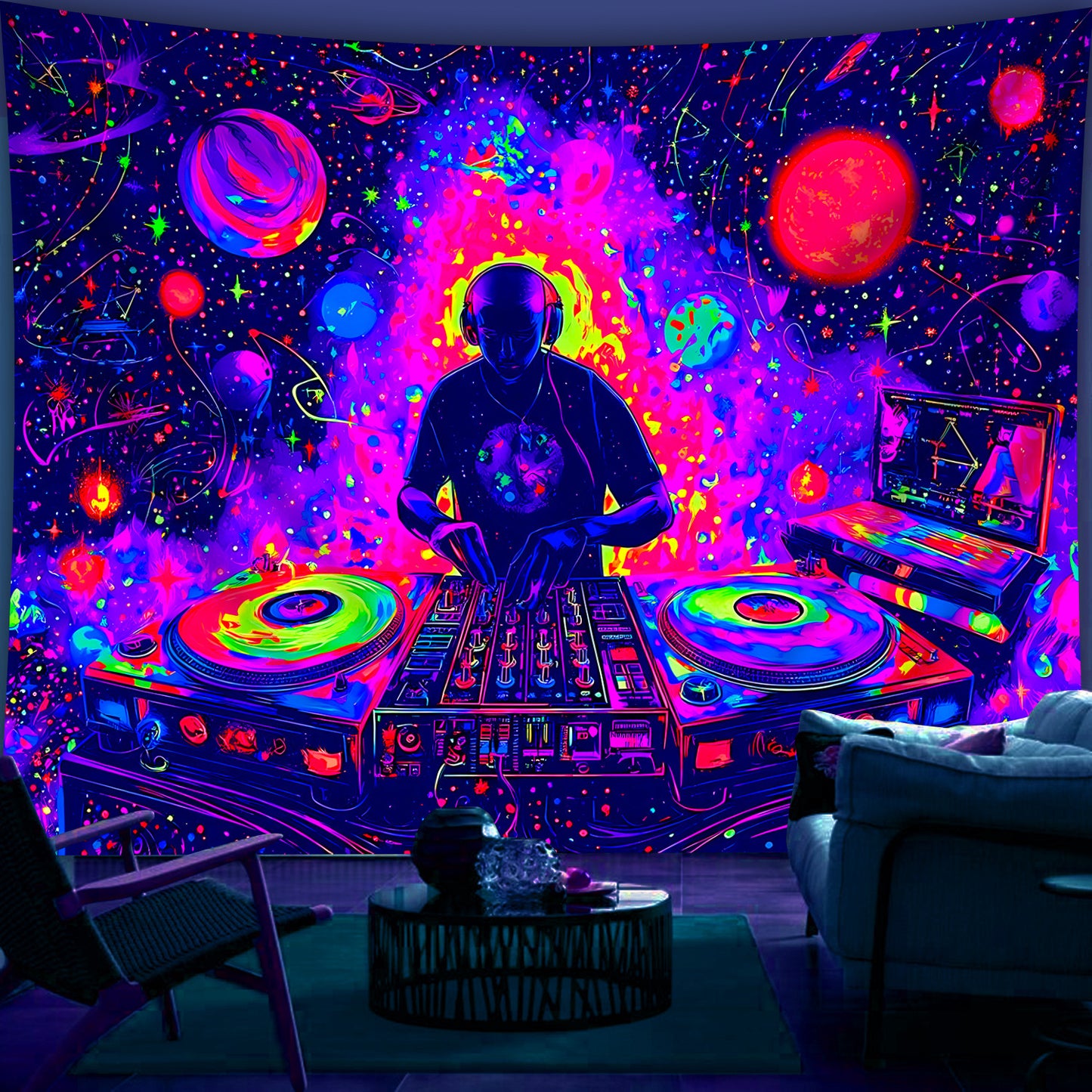 1pc Neon Glow-in-the-Dark DJ-Themed Tapestry - UV Light Reactive Fabric - Large Horizontal Wall Hanging with Neon Glow-in-the-Dark DJ & DJ Equipment Design for Bedroom, Party Decor, Home Entertainment - No Installation Needed