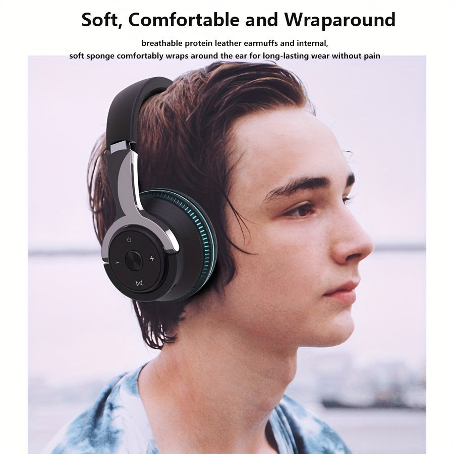 Wireless Headphones, Portable Over Ear Headphones 24 Hours Playtime, With Mic, Clear Calls, FM Radio, Soft-Earpads, LED Light, Support TF Card Play And 3.5MM AUX Cable Wired Connection, Foldable For Travel Home Office Cellpho