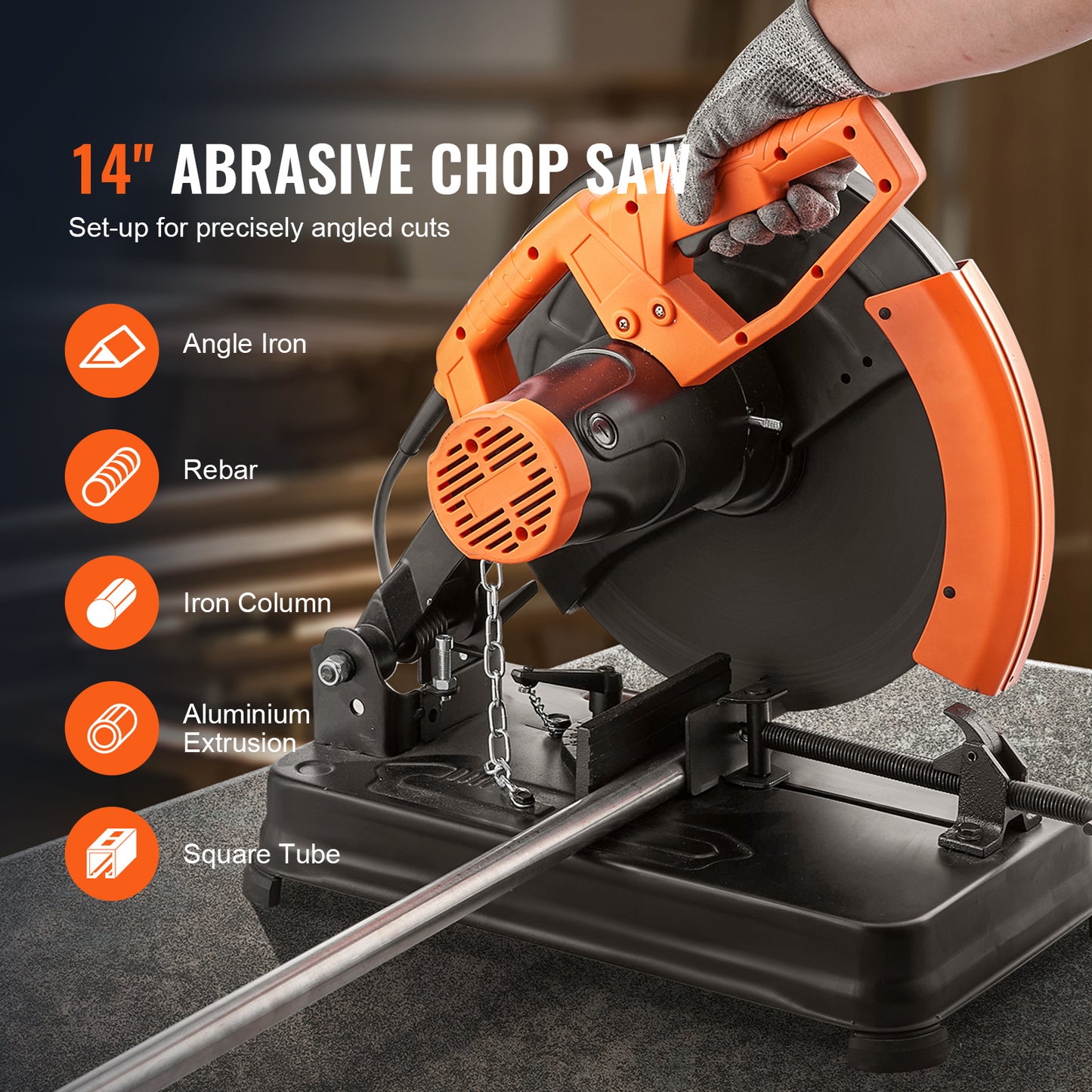 Happybuy 14" Abrasive Chop Saw - 2300W, 3600RPM, Adjustable Angle Miter Saw for Metal Cutting, Ideal for Steel/Rebar/Iron/Aluminum, Includes Safety Warning Sticker