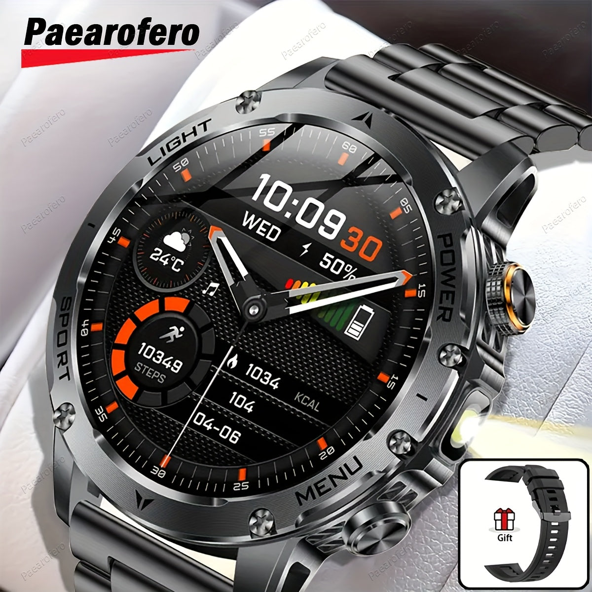 Paearofero 1000mAh Large Battery Outdoor Smartwatch, LED Flashlight, Wireless Calling, Voice Assistant, Multi-Function Reminder, Sports Fitness, 1.7-inch HD Display, Alloy Body, Men'S Smartwatch for iPhone&Android, Holiday Gi
