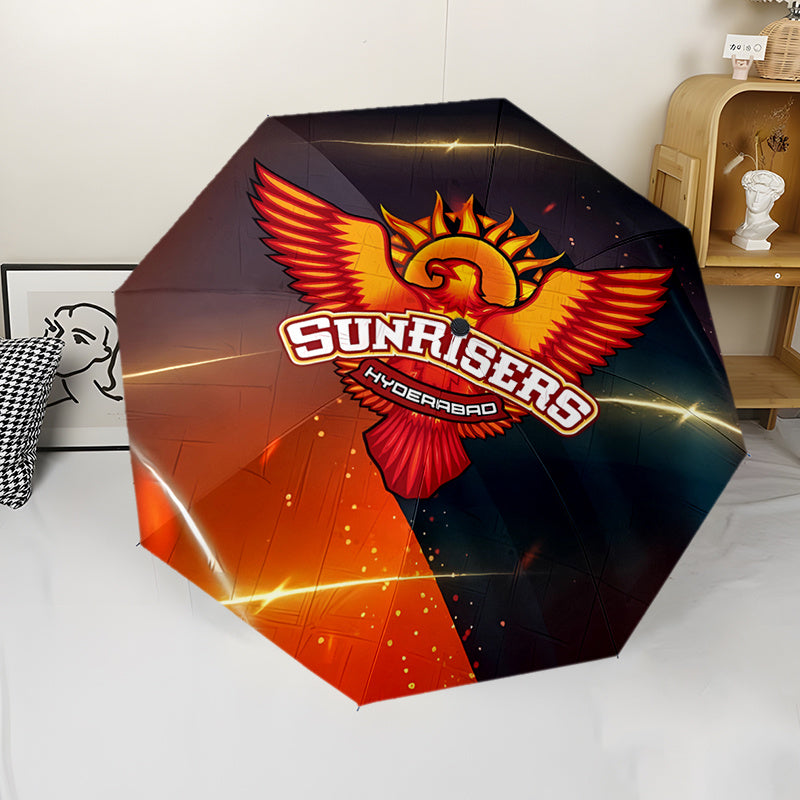 Sunrisers Hyderabad Team-Themed Automatic Folding Umbrella - 8-Rib Durable Design, Windproof & Portable Travel Umbrella with Vibrant Logo, Ideal for Holiday Gifts, Black with Red & Yellow Accents, Travel Umbrella | Team Theme