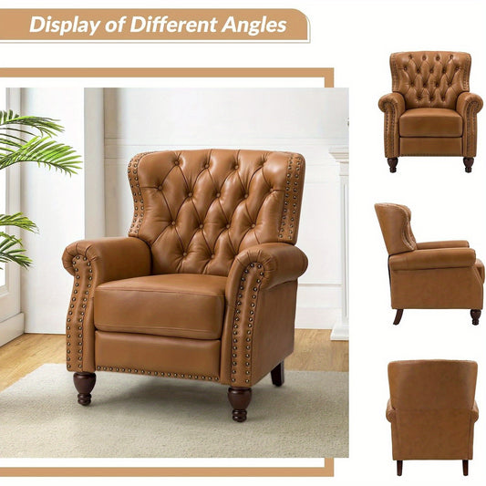 Genuine Leather Recliner Chair - Manual Push Back Recliner Sofa w/ Solid Hardwood Legs, Brown Luxury Living Room Armchair, Easy Assembly Non-Electric Recliner for Home Theater & Reading Nook - Durable Leather Upholstery, Soph