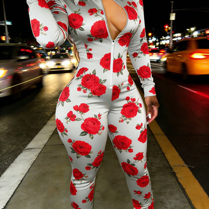 Red Rose Print Casual Women's Half Zipper Jumpsuit, Floral Pattern Casual Wear, Outdoor S Women's Long Sleeved Lapel Sweatshirt Jumpsuit, Fashionable Spring Half Zipper Slim Fit Jumpsuit, Women's Gift, Soft Fabric, Machine Wa