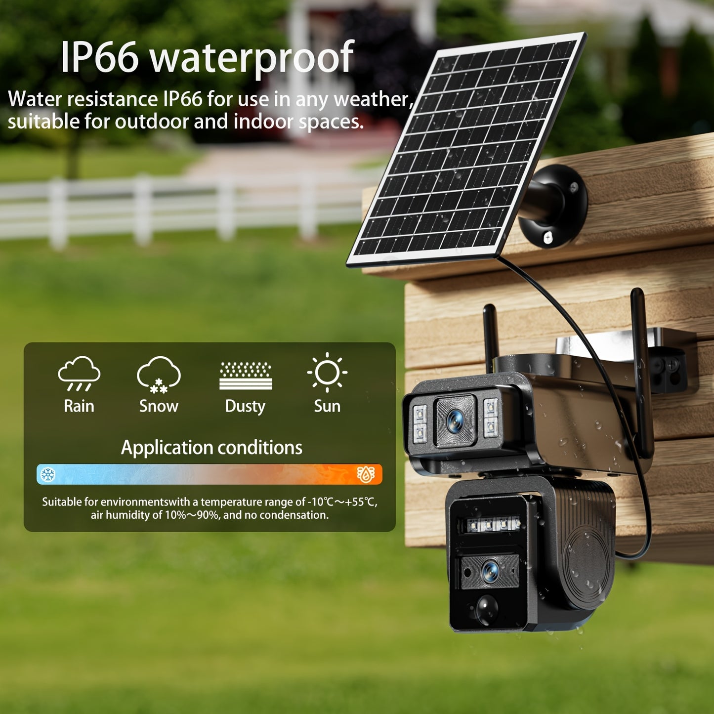 Home Wireless Outdoor Security Camera Icam365 | Solar-Powered, Dual Lens 3MP, Two-Way Audio, Digital Zoom, Motion Detection, IP66 Waterproof, Rechargeable Battery, 2.4G WiFi, Dual-Light Night Vision, PIR Alarm, Black
