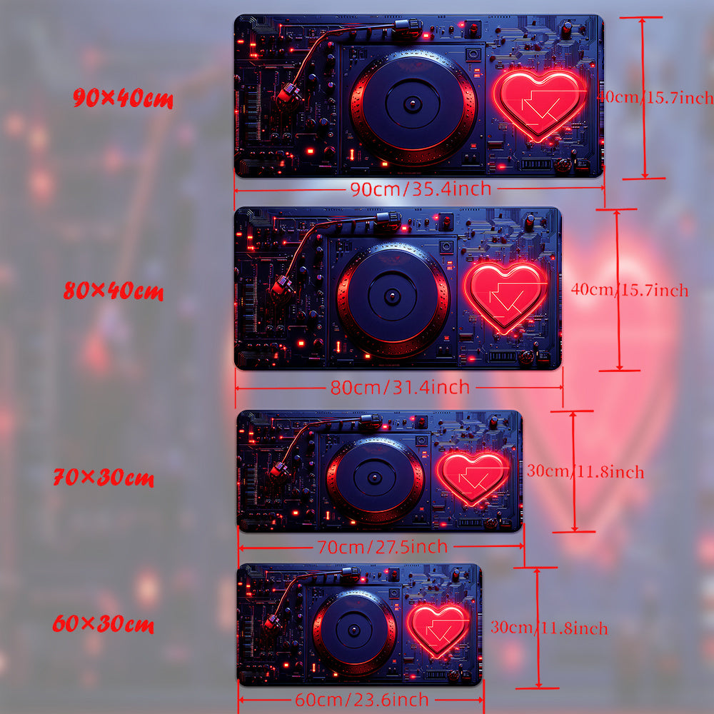 Large Robotic Heart Gaming Mouse Pad - Vibrant DJ Mixer Design, Anti-Slip Rubber Desk Mat for PC & Laptop, Office & Gamers, Soft Fabric Surface, Blue & Red Aesthetic