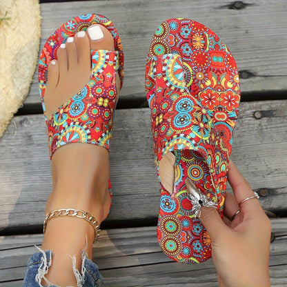 Women's Bohemian Floral Slide Sandals - Slip-On Open Toe Summer Shoes with Pink, Lightweight Flat Sandals for Beach, Casual Outfits - Easy Slip Closure & Non-Slip PU Sole, Beach Footwear