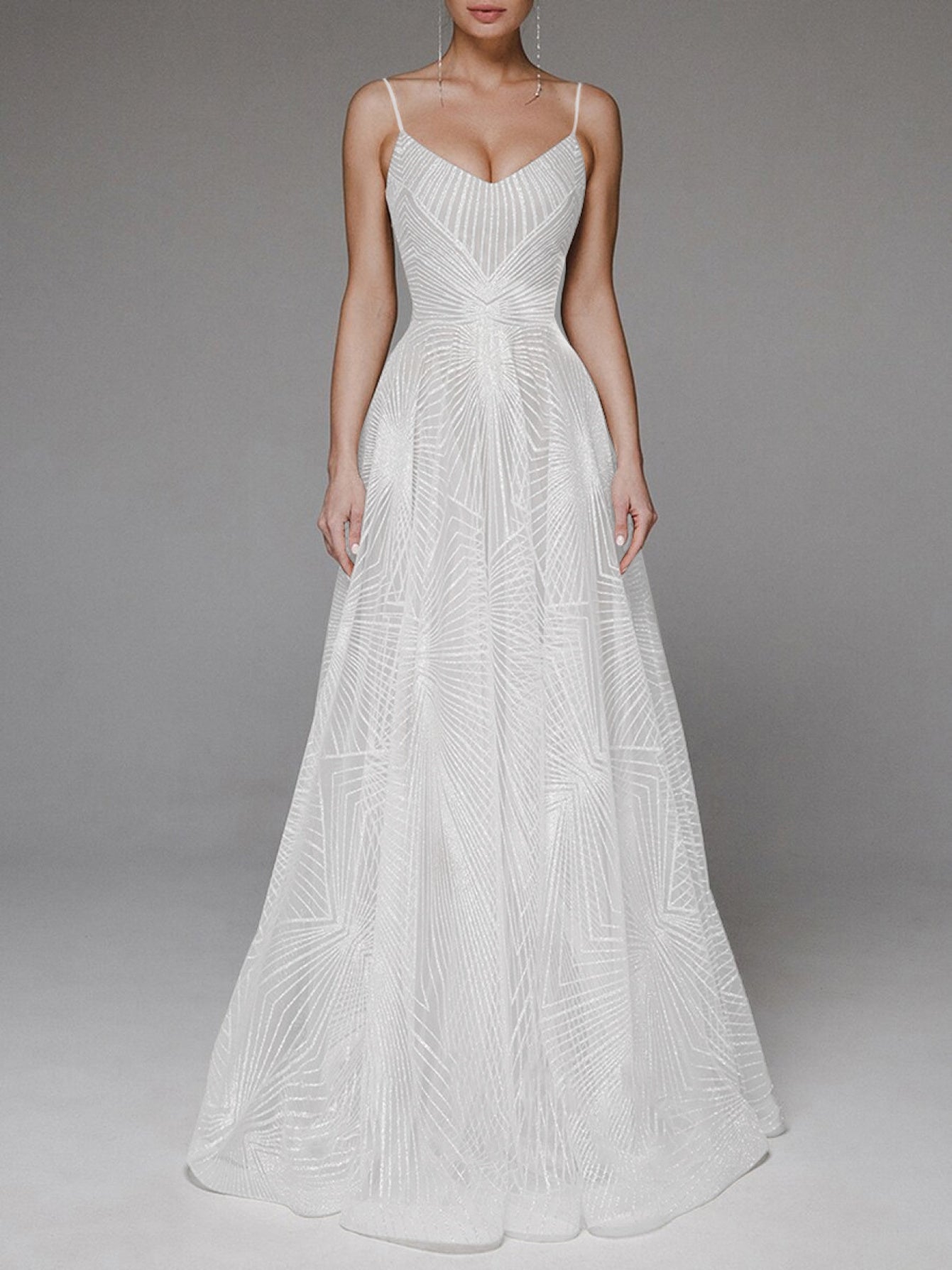 Geometric Beaded Spaghetti Strap V-Neck Flared Wedding Dress, Lightweight Tulle Fitted Gown, Simple and Elegant Style