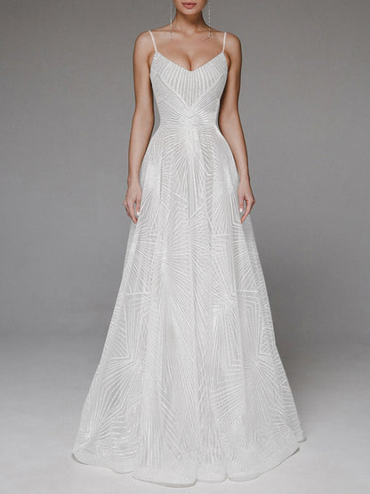 Geometric Beaded Spaghetti Strap V-Neck Flared Wedding Dress, Lightweight Tulle Fitted Gown, Simple and Elegant Style