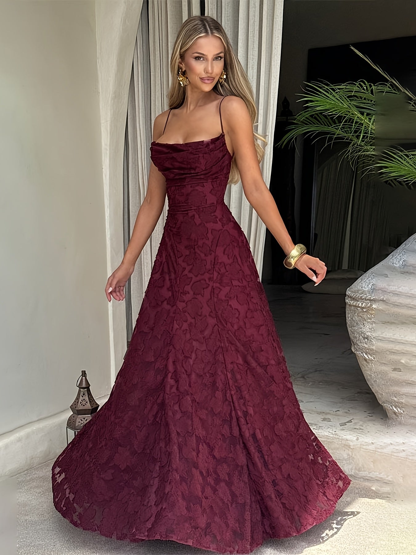 Elegant -Line Maxi Dress - Spaghetti Strap Square Neck Ruched Back Crisscross Suspender Dress, Solid Color Formal Party Wedding Guest Gown, Slim-Fit European Luxury Evening Dress for Spring/Summer (Machine Washable)