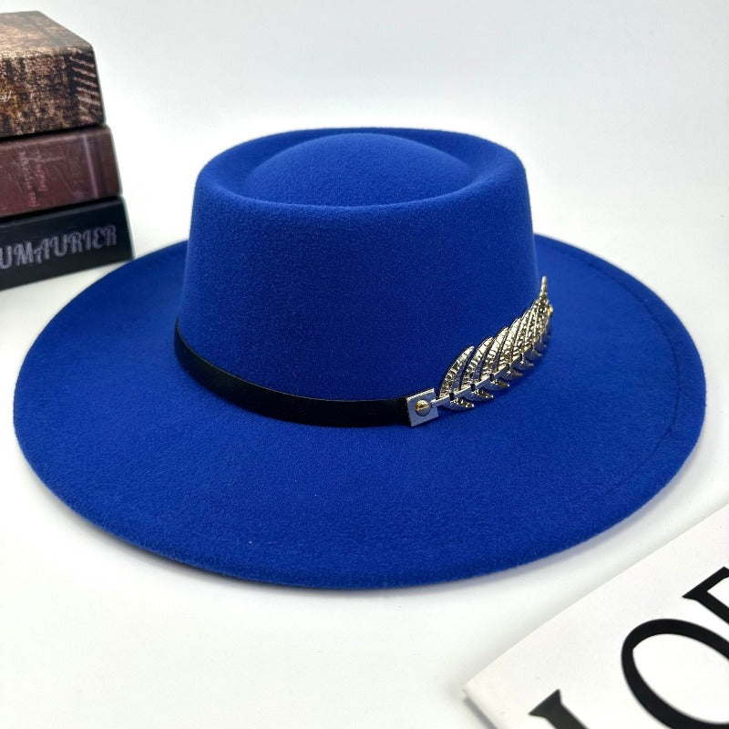 1pc Women'S Retro Wide-Brimmed Fedora Hat with Metal Crescent & Black Leather-like Band - Vibrant Orange/Red/Green/Black/Navy Blue/Purple/White - Elegant Non-Stretch Design for Autumn Winter, Music Festivals, Christmas & Dail