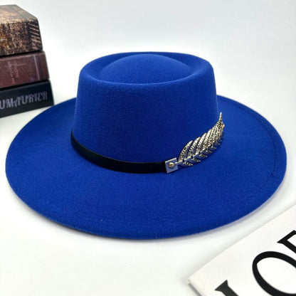 1pc Women'S Retro Wide-Brimmed Fedora Hat with Metal Crescent & Black Leather-like Band - Vibrant Orange/Red/Green/Black/Navy Blue/Purple/White - Elegant Non-Stretch Design for Autumn Winter, Music Festivals, Christmas & Dail