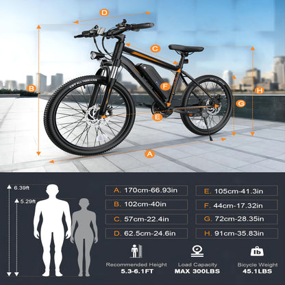 26" Men Electric Mountain Bike For Adults, Ebike With 36V 374Wh Removable Battery Electric Bicycle, 500W Peak Motor Electric Dirt Bike, 21-Speed Ebike, 19 MPH, Up To 50 Miles, Input 100-240V For Charger FY-4202000, Applicable
