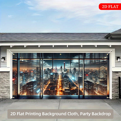 2D Flat 1-Piece Night City Skyline Polyester Fabric Backdrop, 71x157 Inches, Multi-Scene 2D Printed Decor for Parties, Festivals, Gardens & Garages – No Power Needed