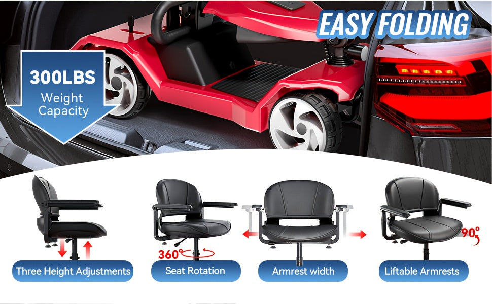 Foldable 4-Wheel Electric Scooter for Seniors with 16-Mile Range, 250W Motor & 15 km/h Speed - Heavy-Duty Metal Frame, LED Headlight & Removable Storage Basket, Lightweight Portable Design Fits in Car Trunk, All-Terrain Tires