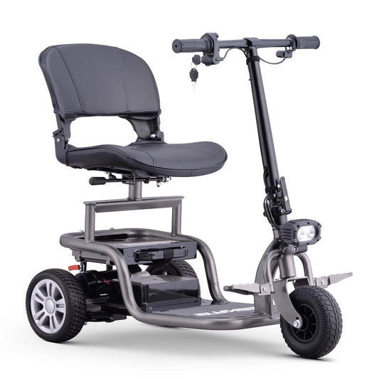 Lightweight foldable three-wheeled scooter, compact mobility scooter for seniors, with removable battery, swivel seat, foldable handlebars, LED light, 300-pound load capacity.