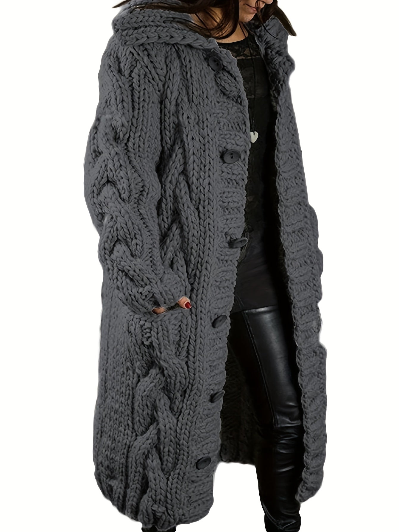 Plus Size - Cardigan for Women in Fall And Winter - Casual Plus Size, Oversized Design with Long Sleeves Featuring a Cable Pattern, Single Row of Buttons, Pockets, And a Long Length. Made from Soft Fabric, It Can Be Hand Wash