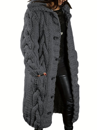Plus Size - Cardigan for Women in Fall And Winter - Casual Plus Size, Oversized Design with Long Sleeves Featuring a Cable Pattern, Single Row of Buttons, Pockets, And a Long Length. Made from Soft Fabric, It Can Be Hand Wash