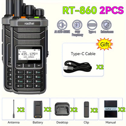 2pcs Radtel RT-860 Ham Radio - Long Range Two-Way Radio with 1024 Channels, NOAA Weather Alerts, Dual HF/VHF/UHF Bands, CB/SSB, Type-C Fast Charging, Aviation AM Receiver, for Ham Radio, Aviation, Emergency, Outdoor, Construc
