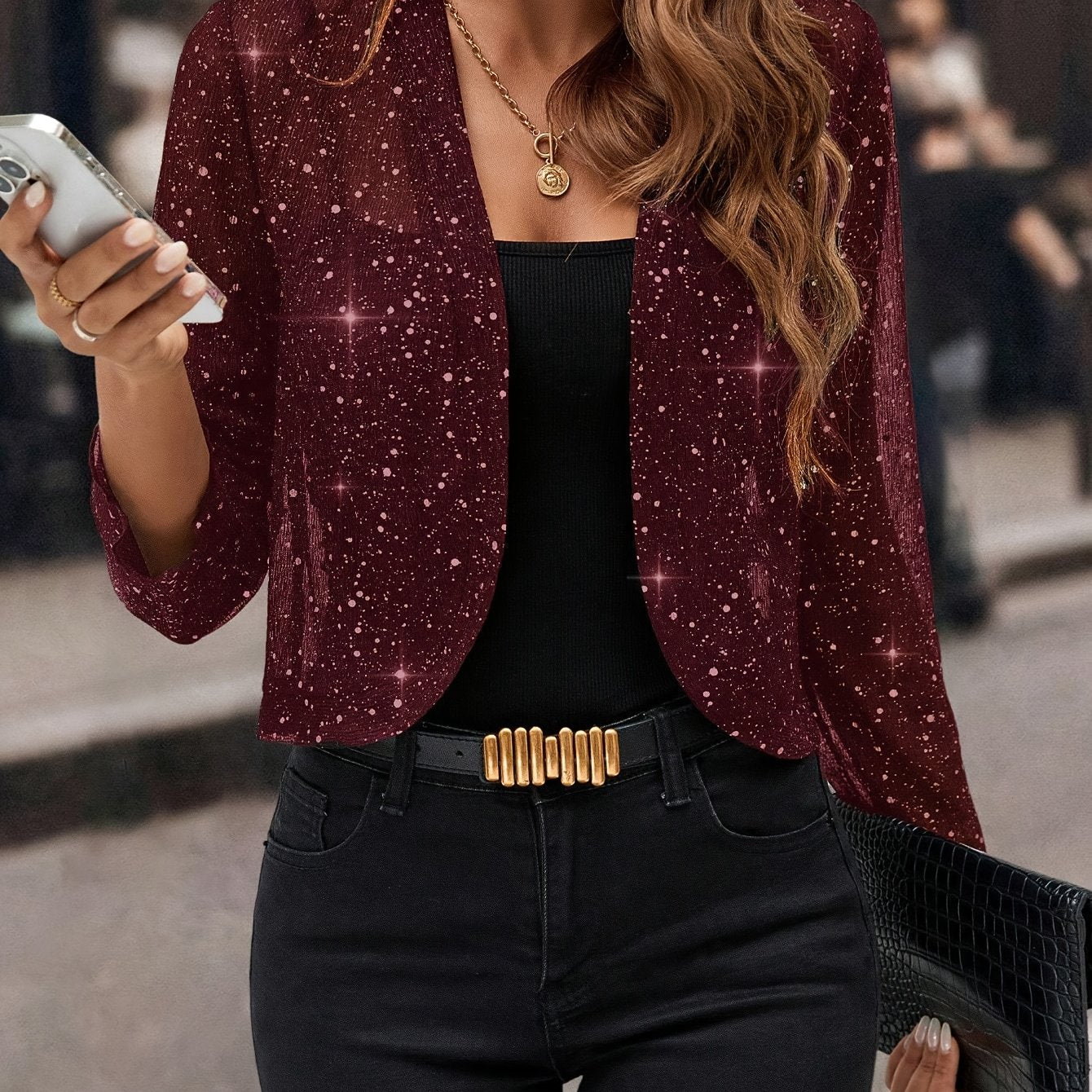 Women's Glitter Sequin - Golden Foil Pleated Fabric - Cardigan Jacket - 3/4 Sleeve Short Cropped Blazer for Business Casual