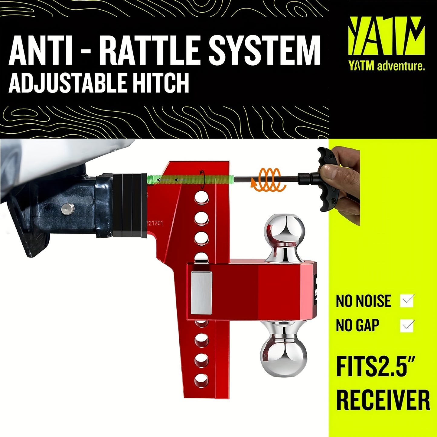 Heavy-Duty Adjustable Trailer Hitch - Fits 2.5" Receiver, 8" Drop/Rise, 1-7/8" & 2" & 2-5/16" Balls, 18, 500 LBS GTW Capacity, Anti-Theft Pin, Aluminum Construction - Compatible with Trucks, RVs, Trailers - Red Hitch for Easy