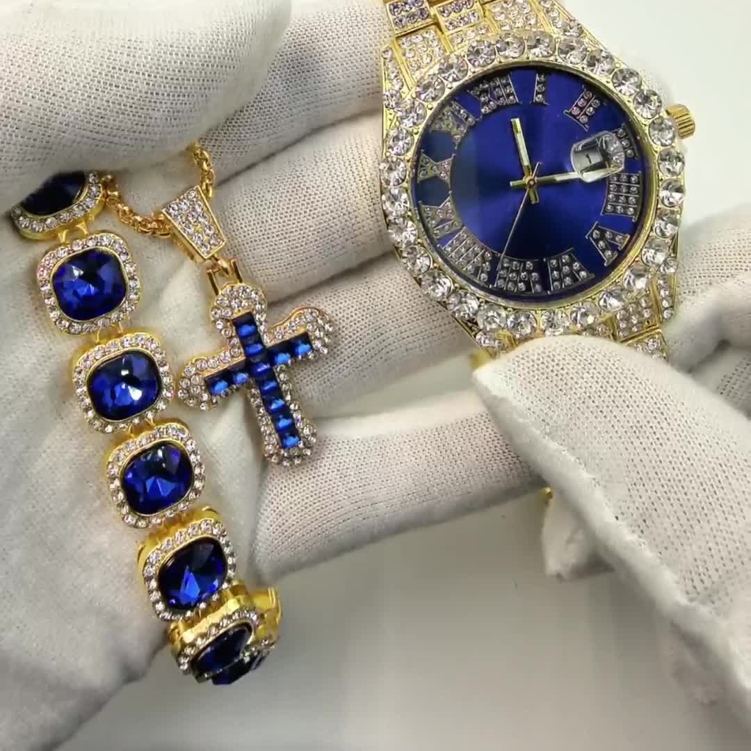 [Men's Watch Set] Luxury Men's Watch Set, Including Artificial Gemstone Bracelet and Cross Necklace, Roman Numeral Watch, Inlaid with Artificial Rhinestones, Perfect Gift for Men, Party Essentials