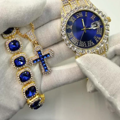[Men's Watch Set] Luxury Men's Watch Set, Including Artificial Gemstone Bracelet and Cross Necklace, Roman Numeral Watch, Inlaid with Artificial Rhinestones, Perfect Gift for Men, Party Essentials