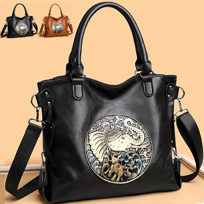 Women'S Large Capacity Tote Bag with Adjustable Strap - Elegant Black & Golden Animal Print (Elephant, Leopard, Lion, Tiger, Dragon) - Durable Synthetic Faux Leather-like Texture, Spacious Everyday Purse for Work, Travel, Ver