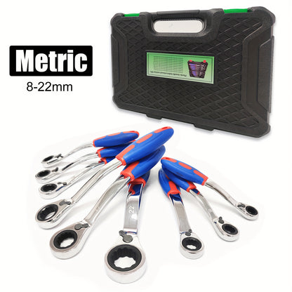 [Ratcheting Wrench Set] 9pcs 72-Tooth Reversible Soft Grip Ratcheting Wrench Set | Combination Wrench Set, Offset Box Wrench with Organizer Box, 8-22mm, Metric, 15-Degree, Cr-V Steel for Automobile, Car, Motorcycle, Bicycle,
