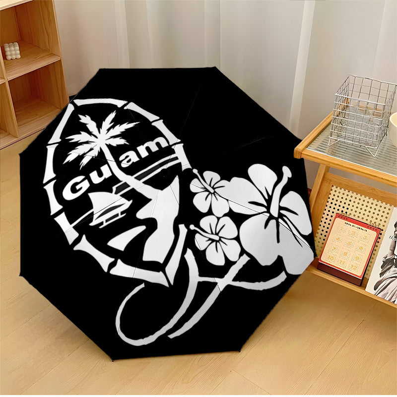 Automatic Open/Close Umbrella with One-Touch Button - Automatic Opening & Closing, Compact Travel Umbrella with Hibiscus Flower & Guam Design - Black & White Tropical umbrella for Men & Women, Windproof 8-Rib Sturdy Frame, On