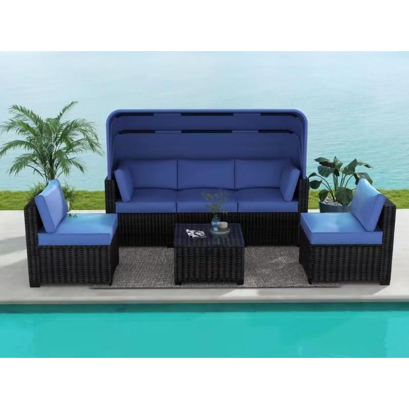 6pcs Outdoor Daybed Set with Retractable Canopy & Adjustable Backrests - All-Weather PE Wicker Patio Lounge Set, Brown & Blue Cushions, Chaise Lounges for Poolside, Backyard, Garden - Durable Wicker Furniture with Cushioned S