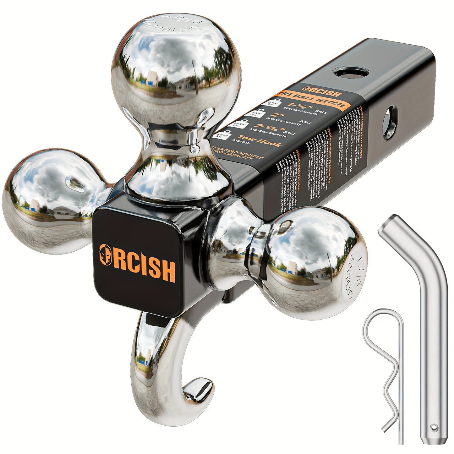 Trailer Hitch Tri-Ball Mount with Hook & Pin, Hitch Ball Size 1-7/8", 2" And 2-5/16", Fit 2 Inch Hitch Receiver, Max GTW 10, 000 LBS, Fit 2 Inch Hitch Receiver, Tow Hitch for RVs, SUVs, ATVs, And Trucks